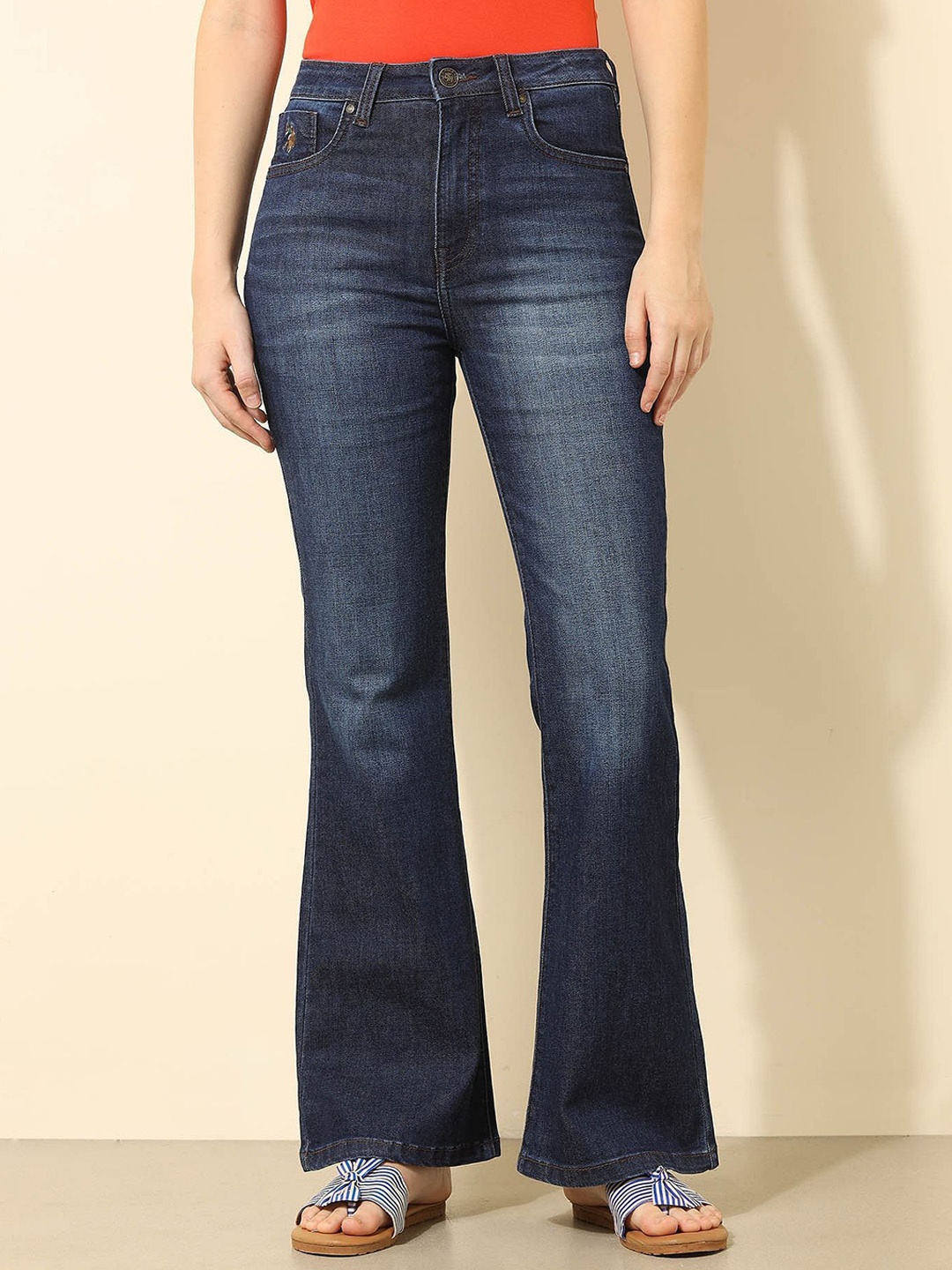 

U.S. Polo Assn. Women Women Wide Leg High-Rise Light Fade Stretchable Jeans, Blue