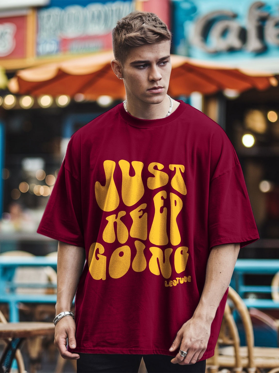 

Leotude Men Typography Printed Round Neck Cotton Oversized T-shirt, Maroon