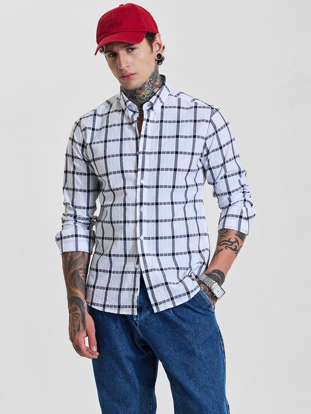 

Snitch Men Slim Fit Opaque Checked Formal Shirt, White