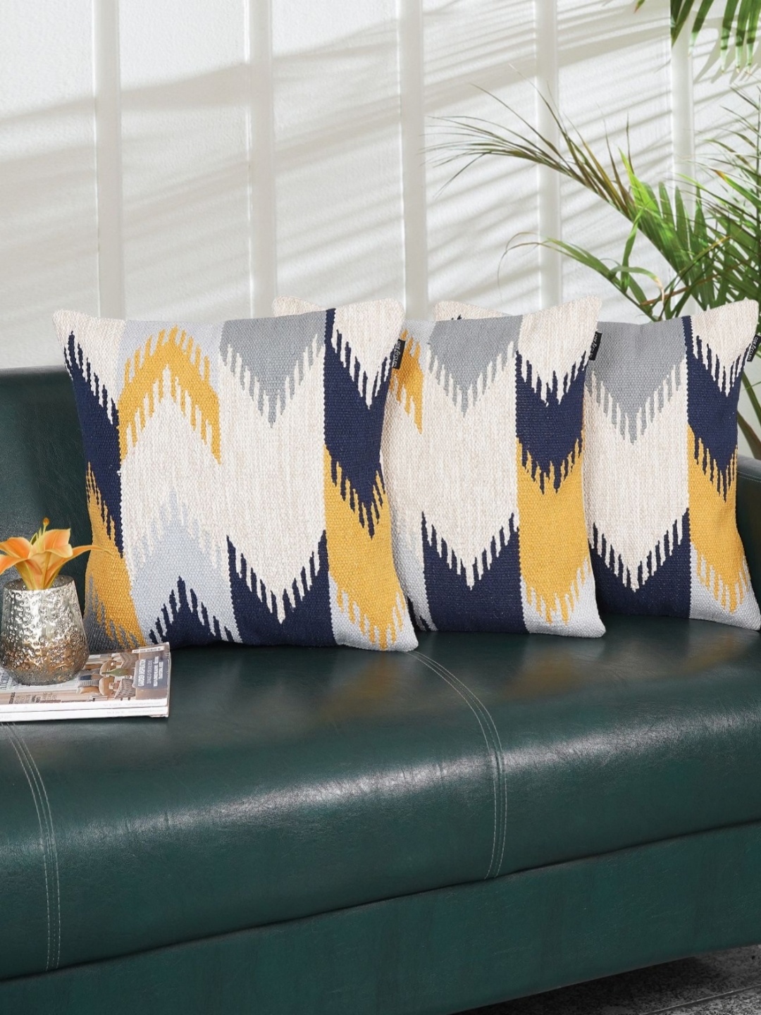 

Ode & Cleo Beige & Yellow Set of 3 Geometric Square Cushion Covers