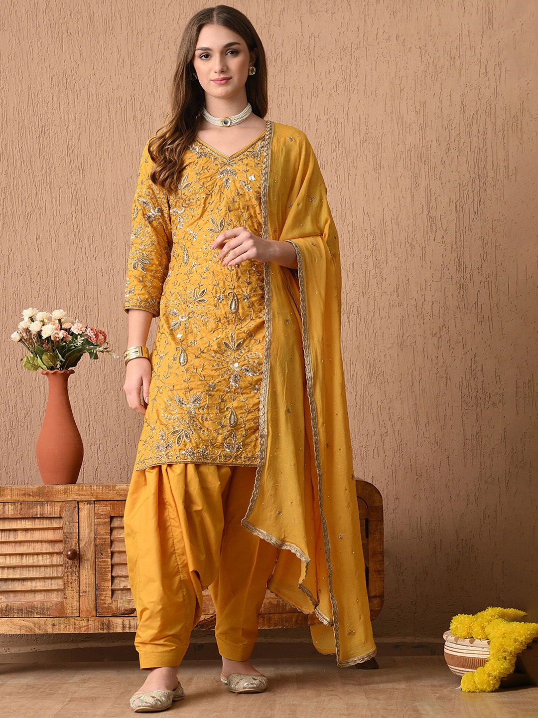 

ZARIKALI Women Ethnic Motifs Embroidered Regular Beads and Stones Pure Silk Kurta with Salwar & With Dupatta, Yellow