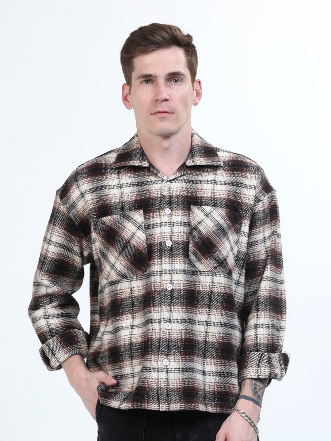 

Estilocus Men Standard Tartan Checks Opaque Checked Casual Shirt, Brown