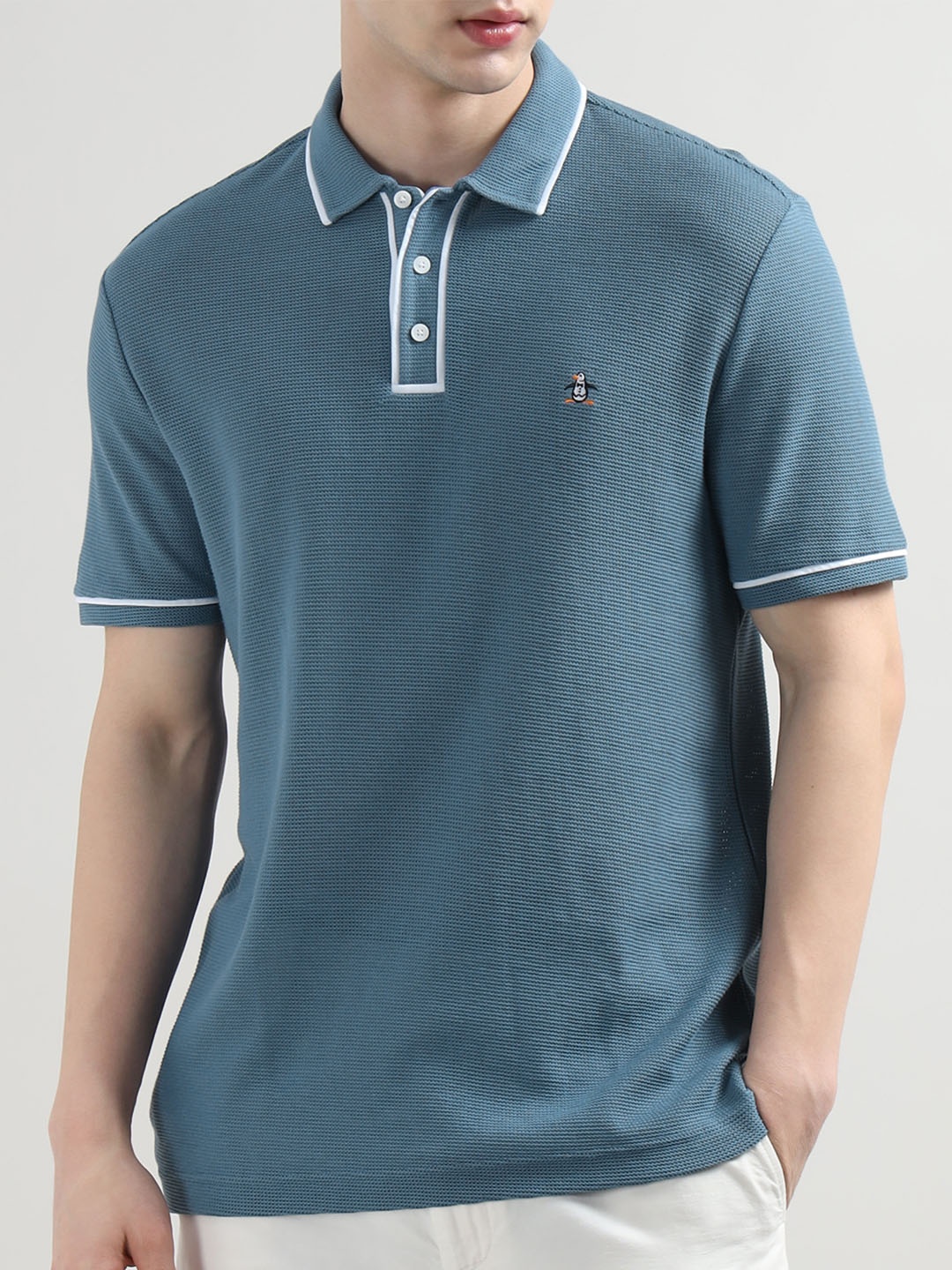 

Original Penguin Men Self Design Polo Collar Cotton T-shirt, Blue
