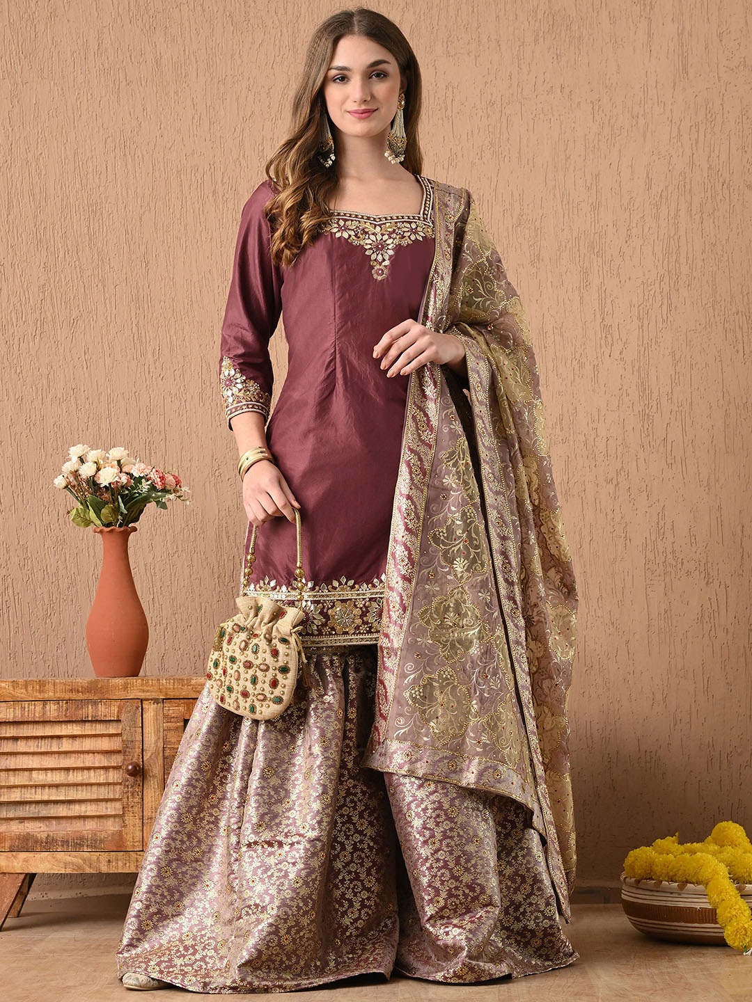 

ZARIKALI Women Floral Embroidered Regular Mirror Work Pure Silk Kurta with Sharara & With Dupatta, Brown