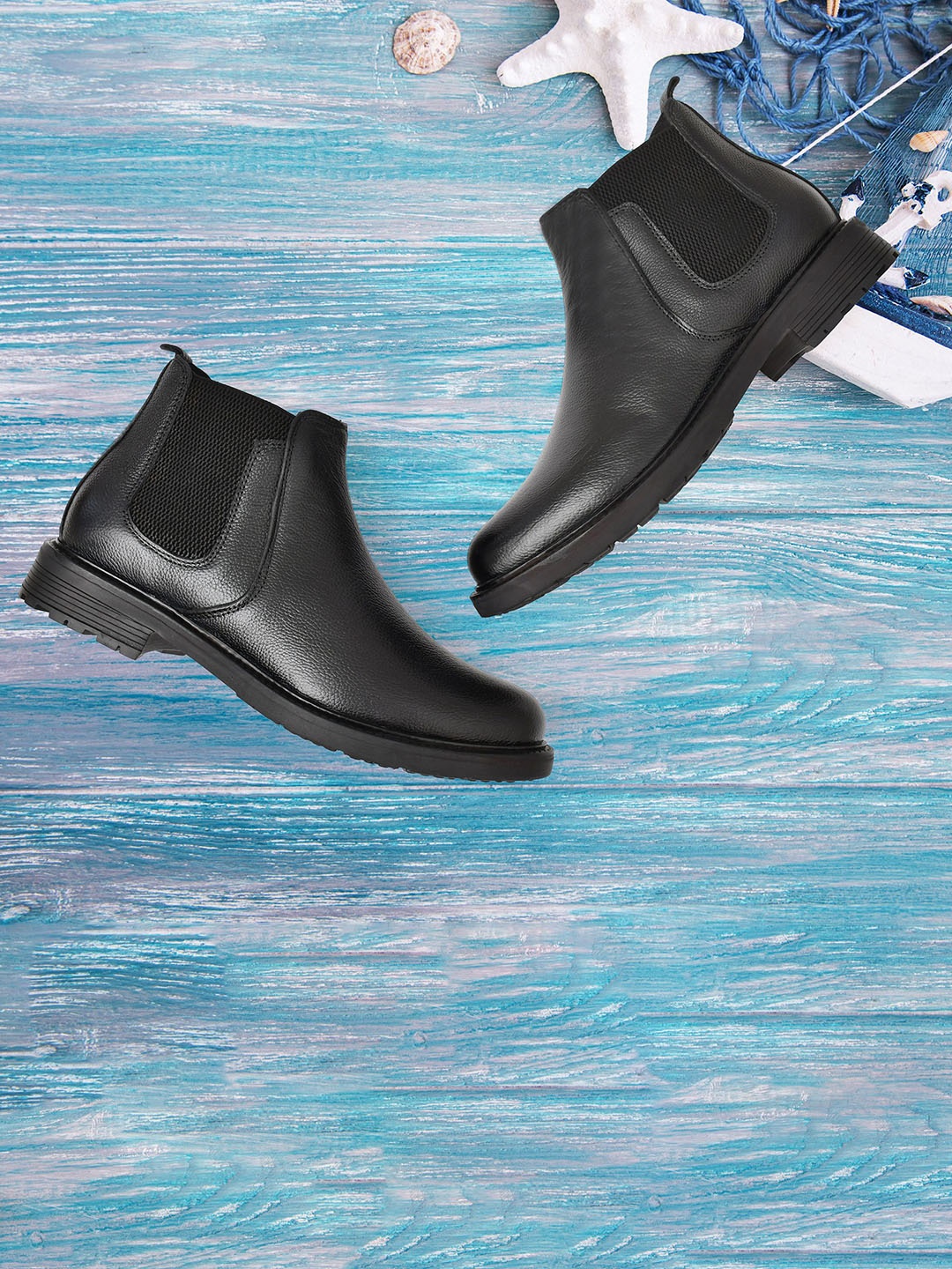 

GALEX Men Leather Textured Chelsea Boots, Black