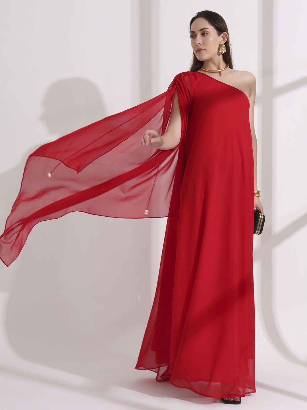 

Salvia Sky Slit Sleeve Georgette Maxi Dress, Red