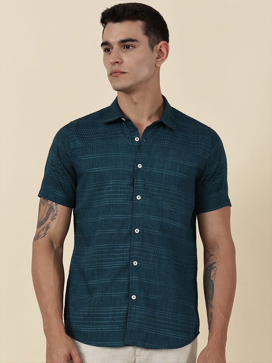 

Thomas Scott Men Classic Slim Fit Horizontal Stripes Opaque Printed Casual Shirt, Teal