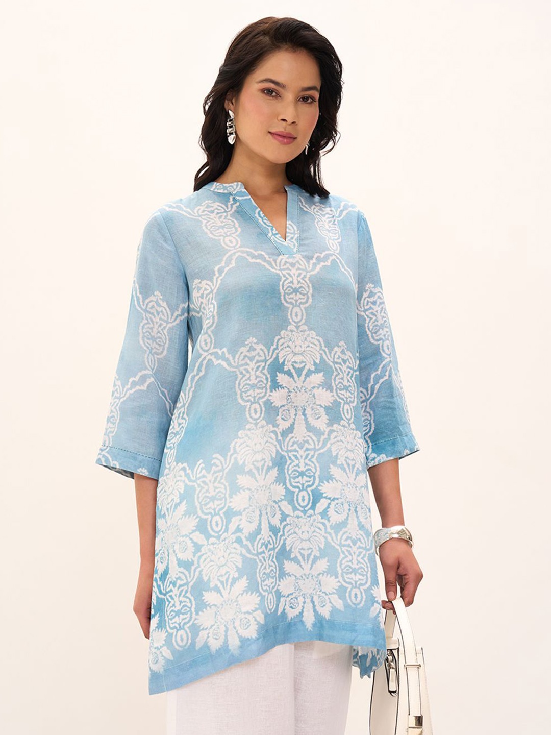 

Marigold Lane Linen Mandarin Collar Printed Tunic, Blue