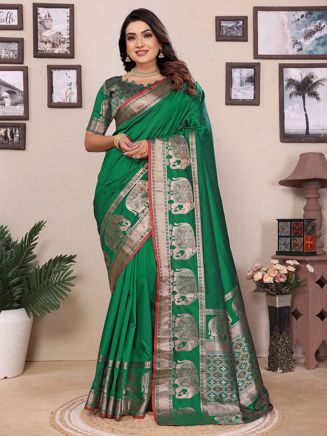 

RAJ DHARMA SILK Woven Design Zari Pure Silk Saree, Green