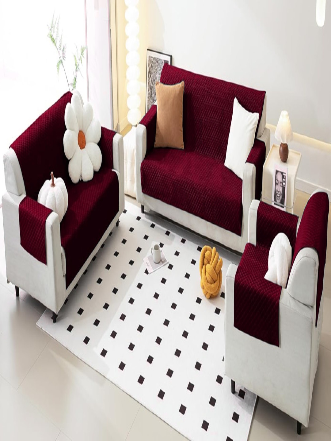 

Fashion Throw Maroon Checked Velvet 3 Piece Sofa Cover With Arms