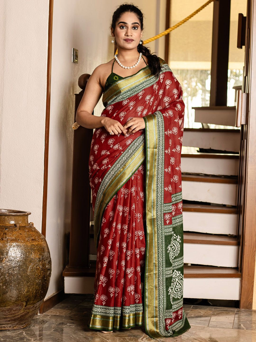 

KALINI Floral Zari Bagh Saree, Rust