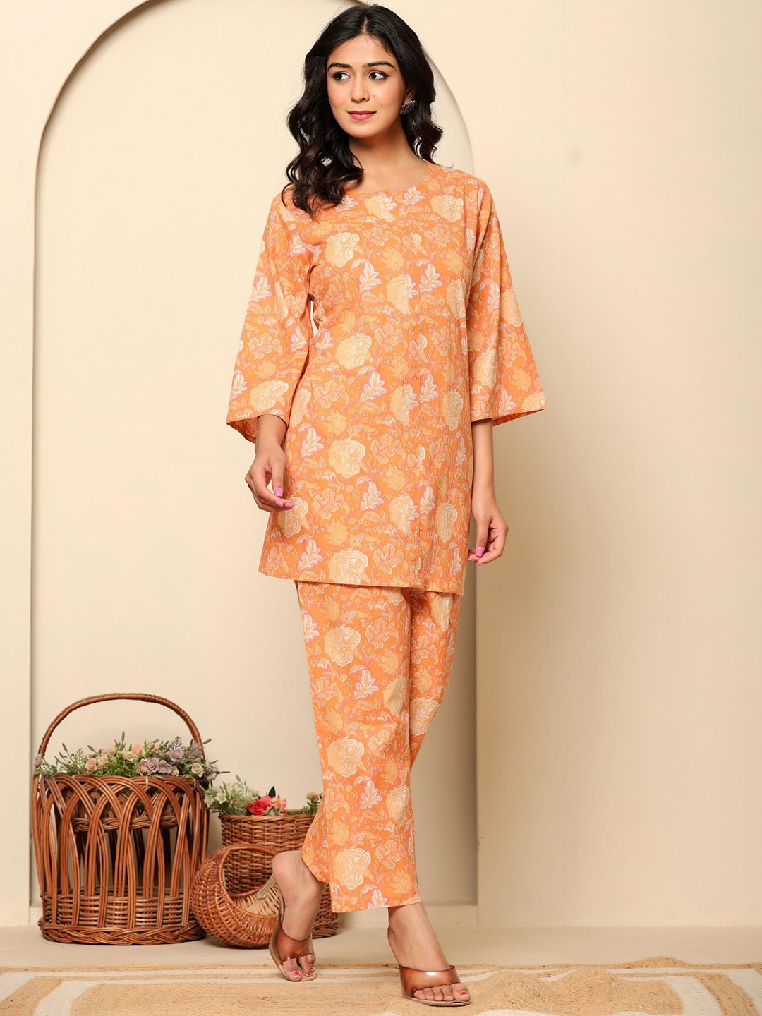 

Rouhab Printed Pure Cotton Top With Trouser Co-Ords, Peach