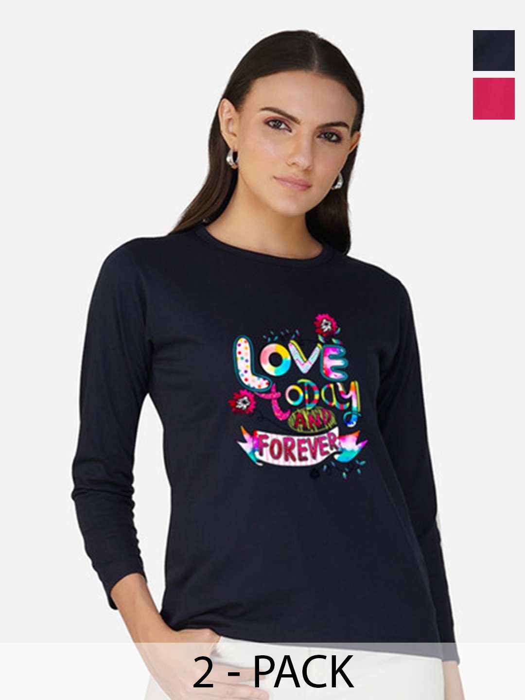 

Metronaut Women 2 Printed Bio Finish Applique T-shirt, Navy blue