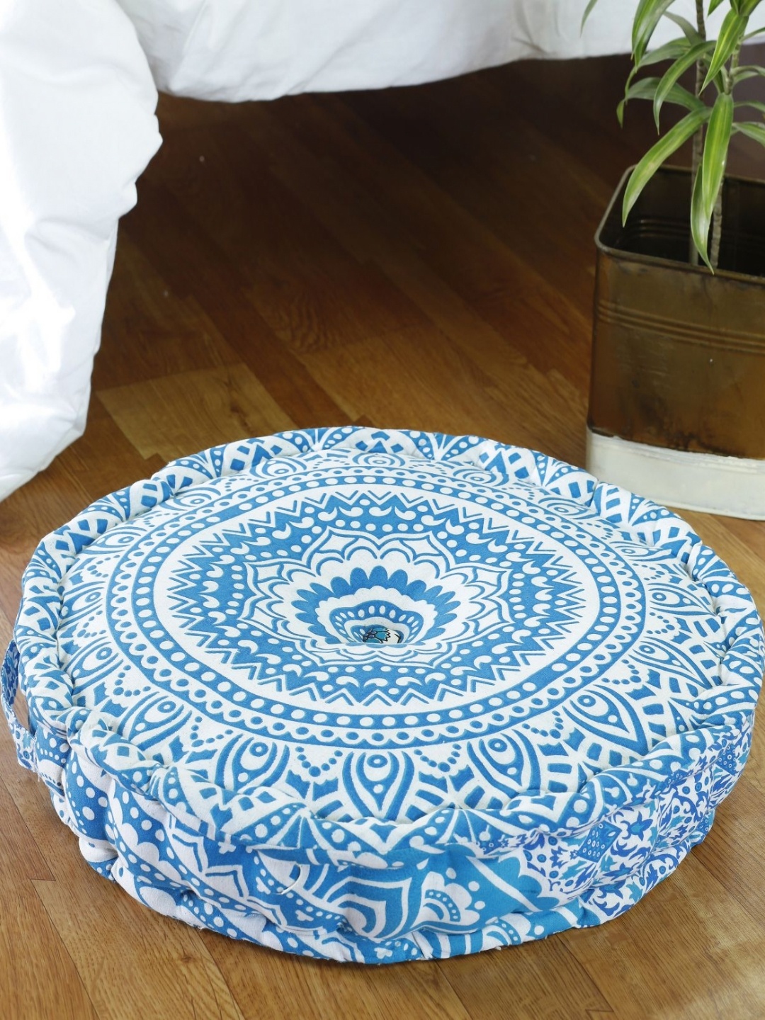 

HANDICRAFT PALACE Blue & White Mandala Printed Round Pure Cotton Floor Cushion
