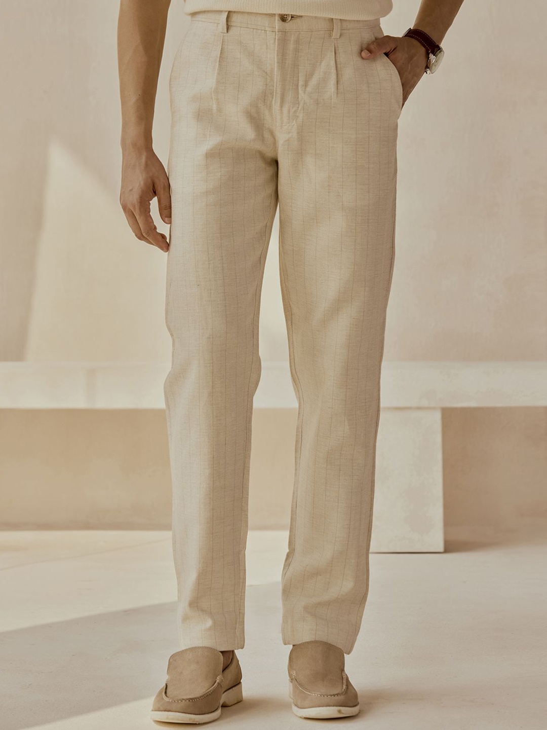 

Andamen Men Casual Linen Blend Stripe Regular Fit Trouser, Beige