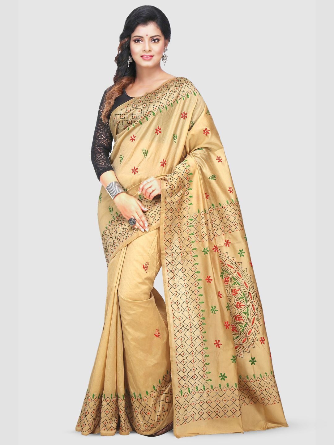 

Crochetin Woven Design Kantha Work Silk Blend Ready to Wear Saree, Beige