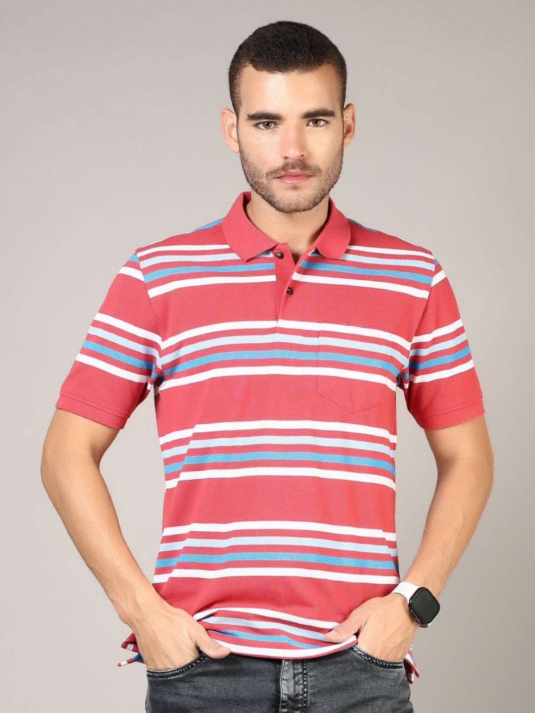 

V-Mart Men Striped Polo Collar Pockets T-shirt, Red