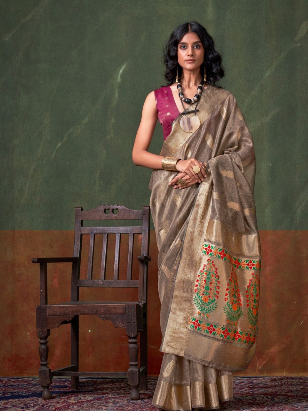 

BLENDIFY Woven Design Zari Silk Blend Banarasi Saree, Brown