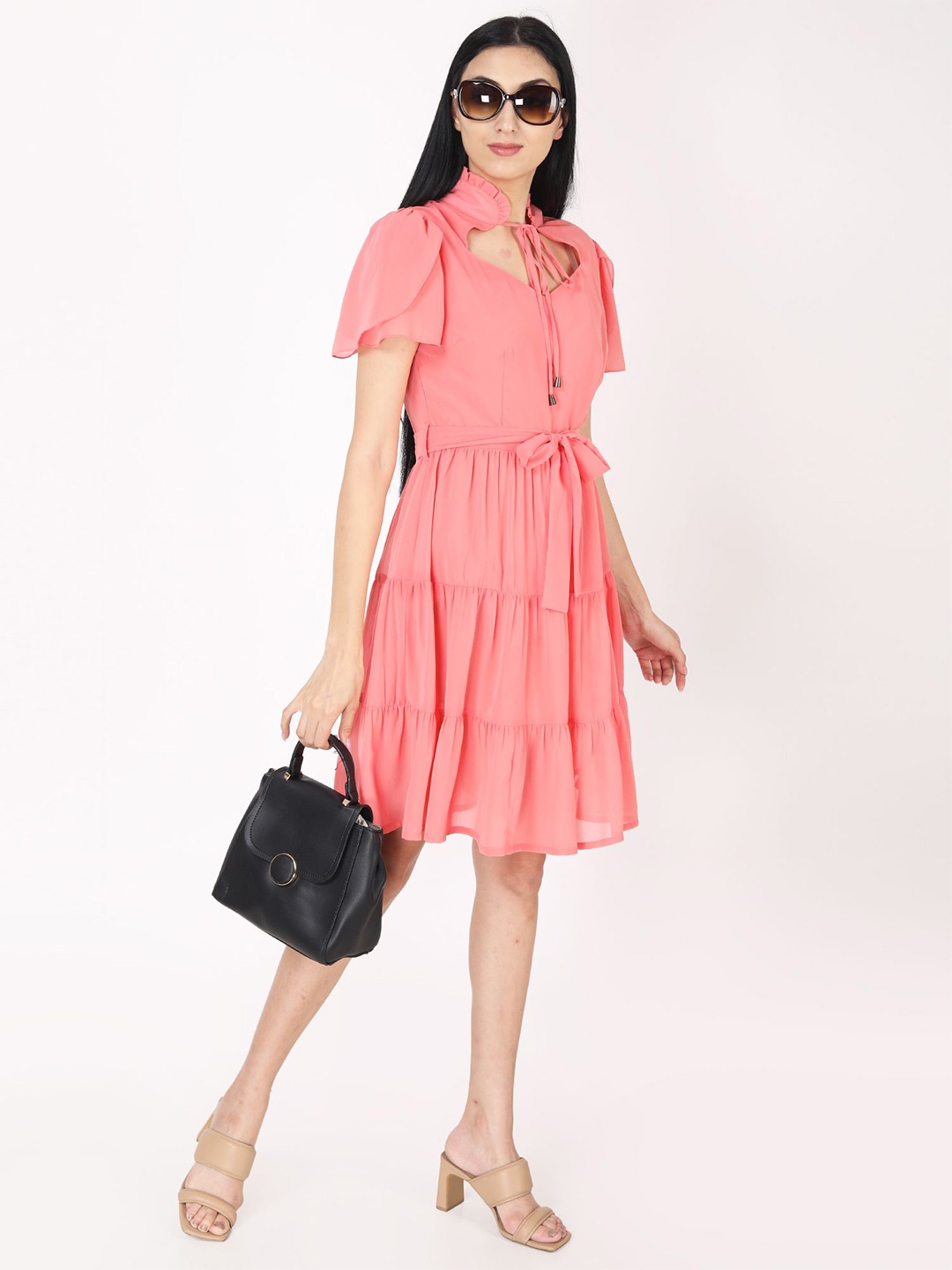 

JAKANARY Flared Sleeve Georgette Fit & Flare Midi Dress, Pink