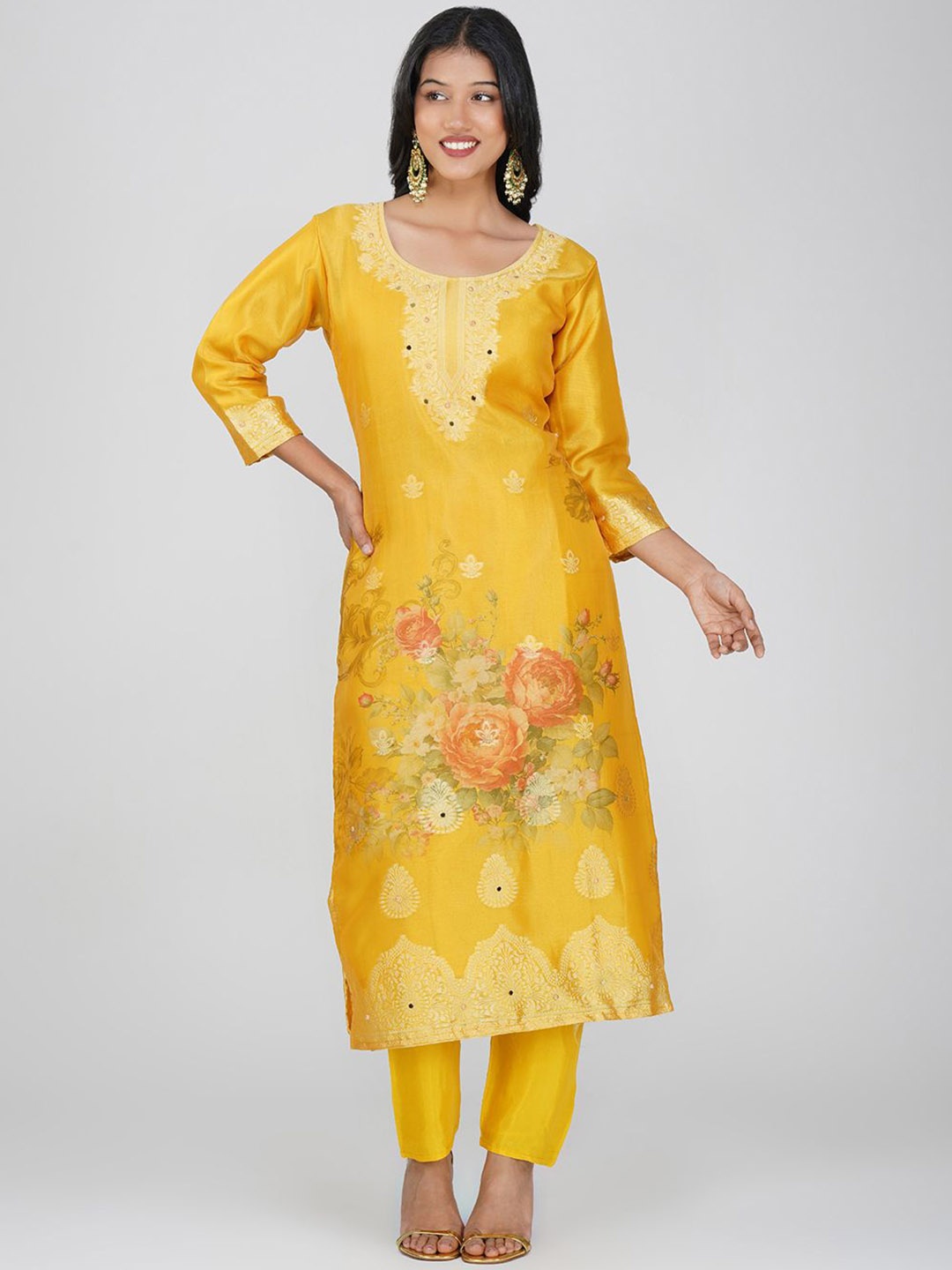 

Charitra Women Floral Regular Pure Silk Kurta with Trousers & With Dupatta, Mustard