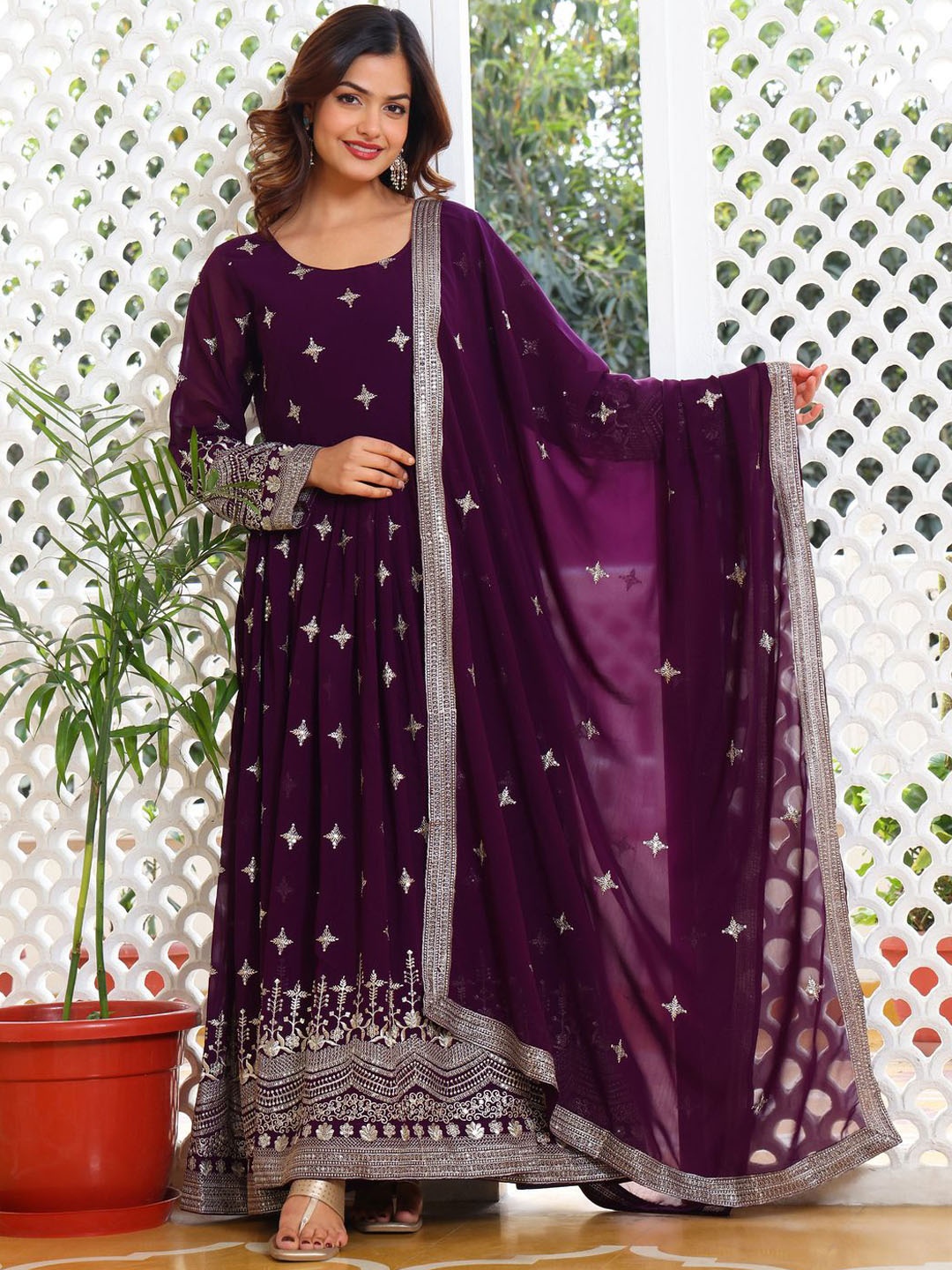 

Ethnic Yard Women Ethnic Motifs Embroidered Empire Sequinned Kurta with Pyjamas & With Dupatta, Purple