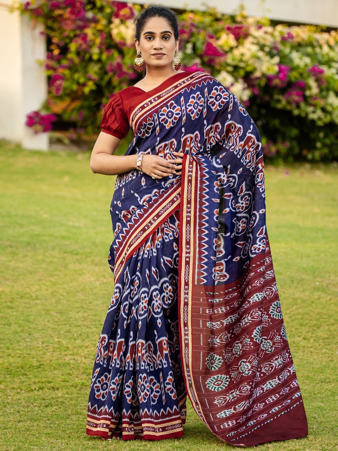 

KALINI Ethnic Motifs Silk Blend Ikat Saree, Blue