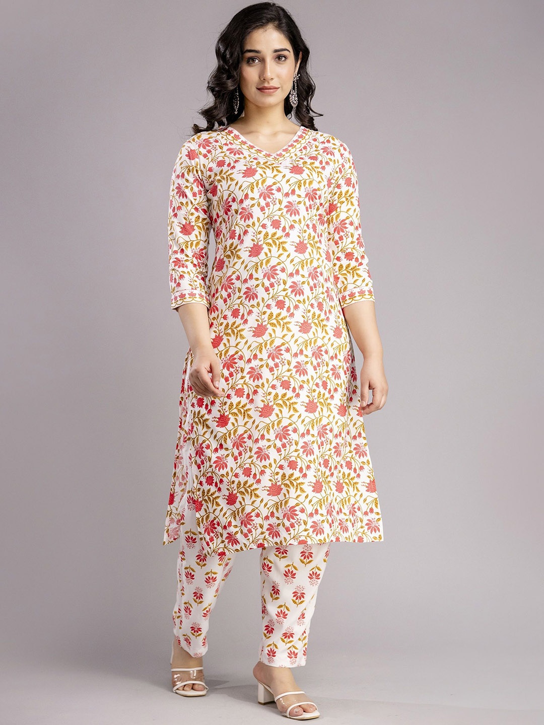 

DEVEK Women Floral Printed Regular Kurta with Trousers, Yellow
