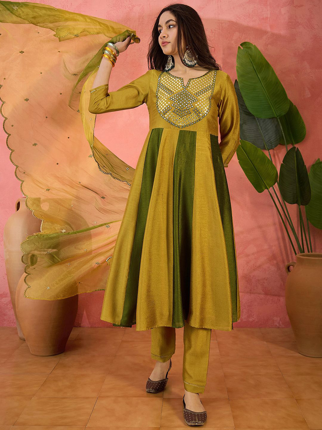

Sangria Vichitra Thread Mirror Work Embroidery A Line Kurta With Trousers & Dupatta, Yellow