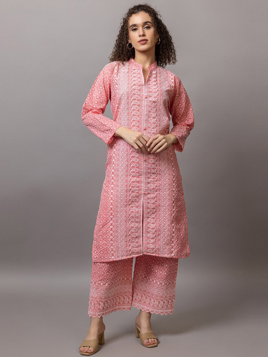 

TYSORT Women Ethnic Motifs Embroidered Regular Chikankari Kurta with Trousers, Pink