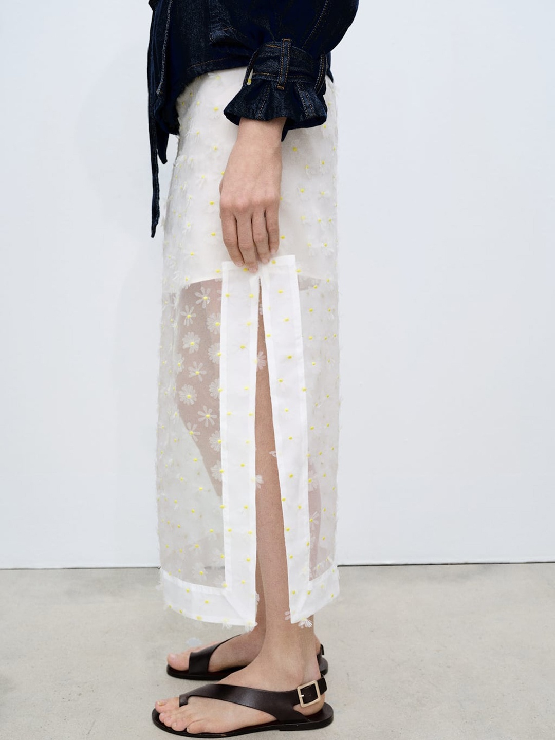 

MANGO Floral Embroidered Semi Sheer Straight Midi Skirt, White