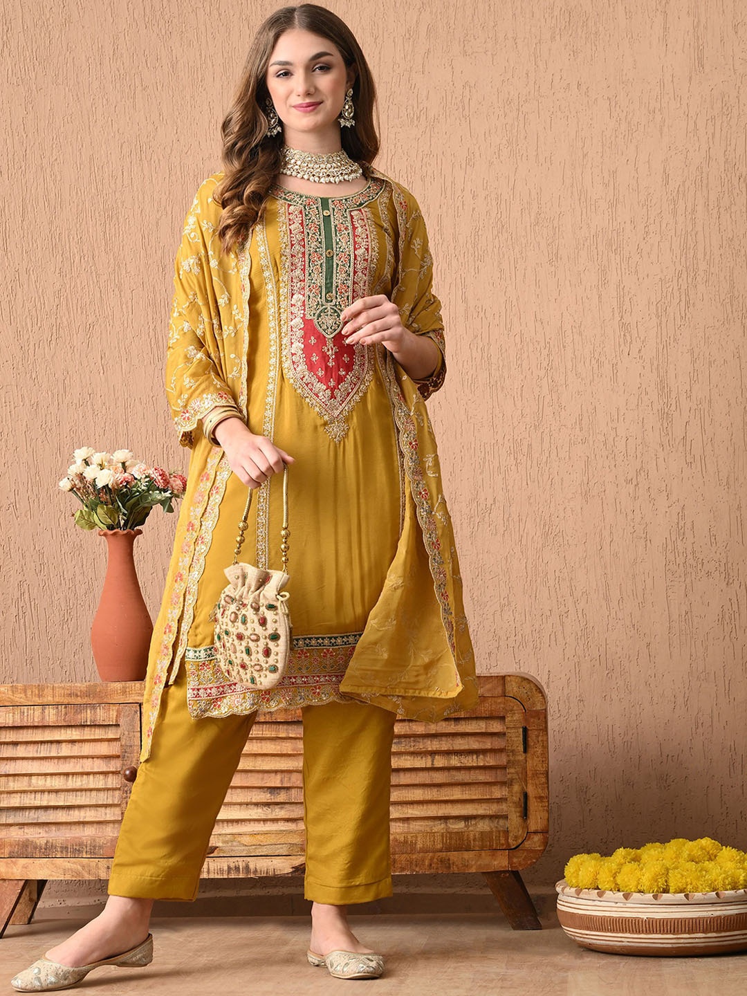 

ZARIKALI Women Floral Embroidered Regular Silk Crepe Kurta with Trousers & With Dupatta, Yellow