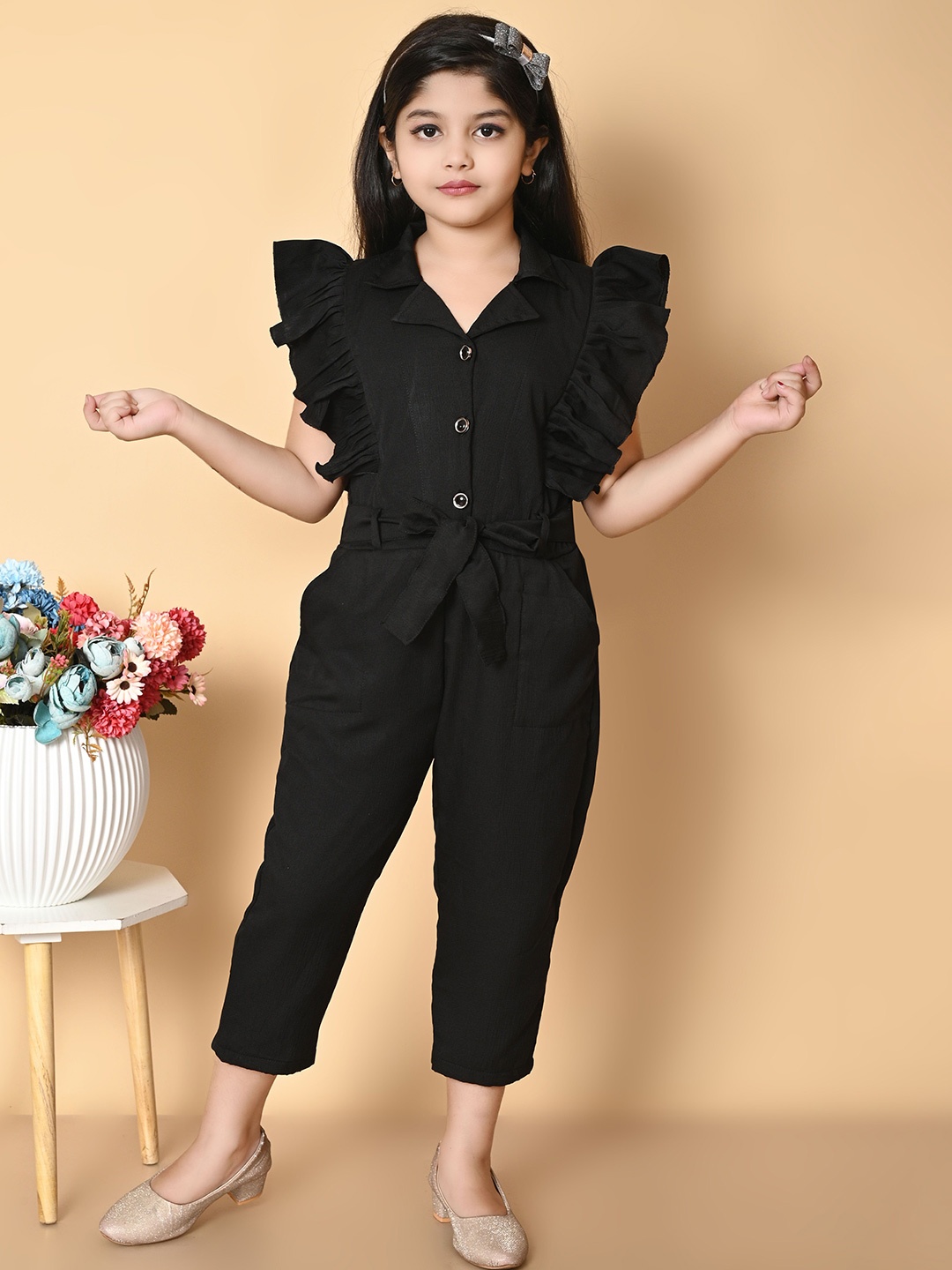 

FT fashion Girls Basic Jumpsuit with Ruffles, Black