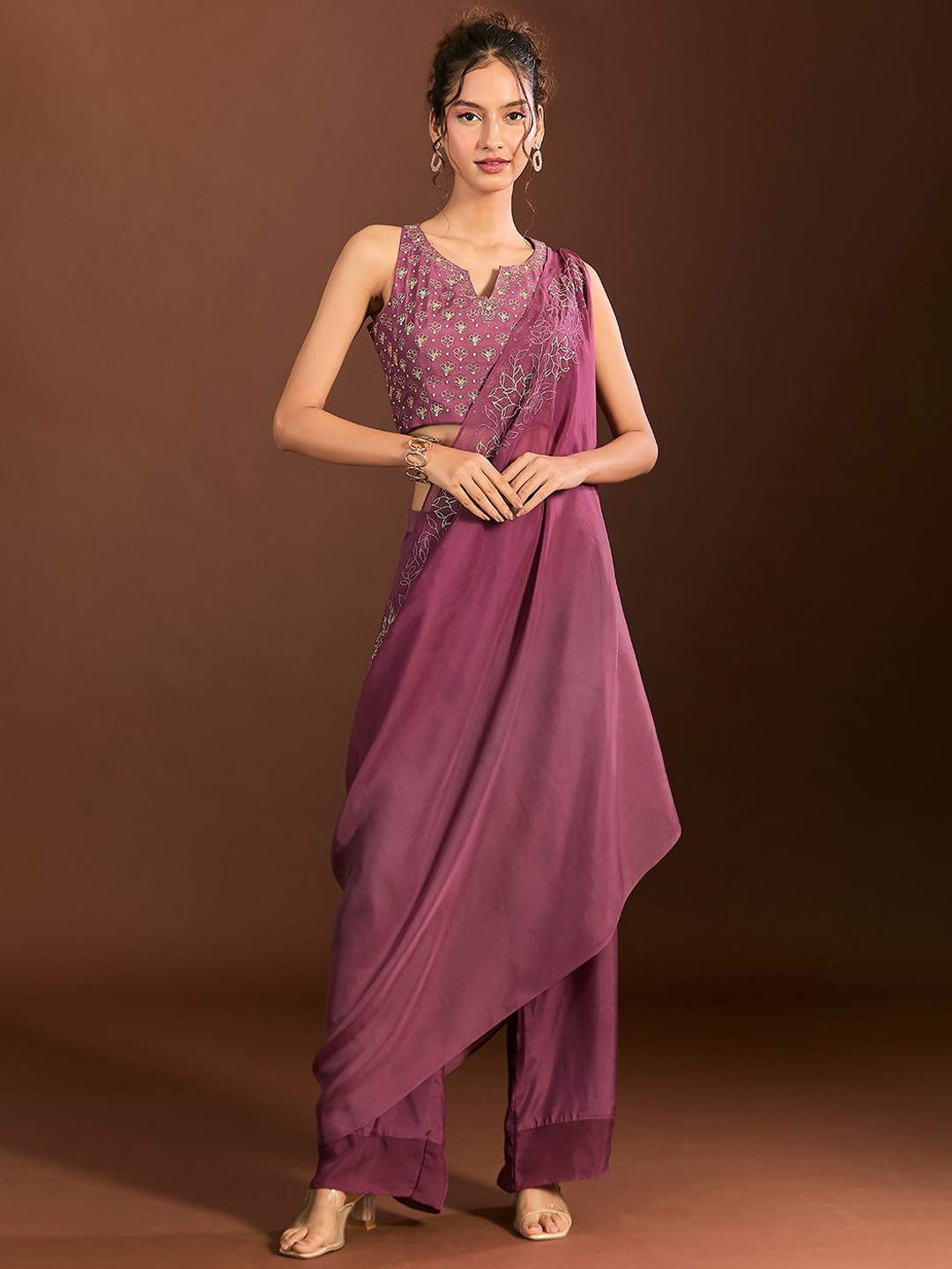 

Mystake By Meghna Shah Embroidered V Neck Blouse & Trousers With Dupatta Co-Ords, Purple