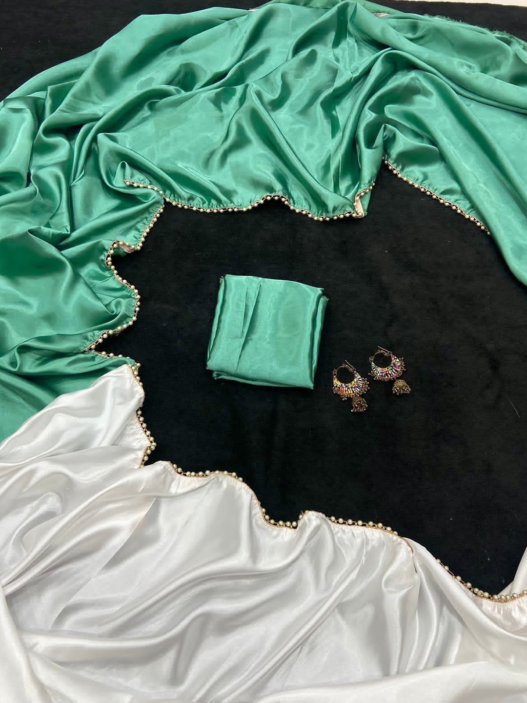 

SAADHVI Beads and Stones Satin Saree, Green