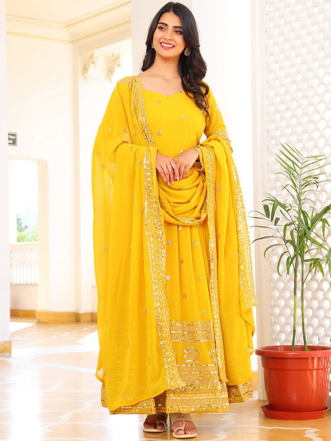 

Ethnic Yard Women Ethnic Motifs Regular Beads and Stones Kurta with Pyjamas & With Dupatta, Yellow