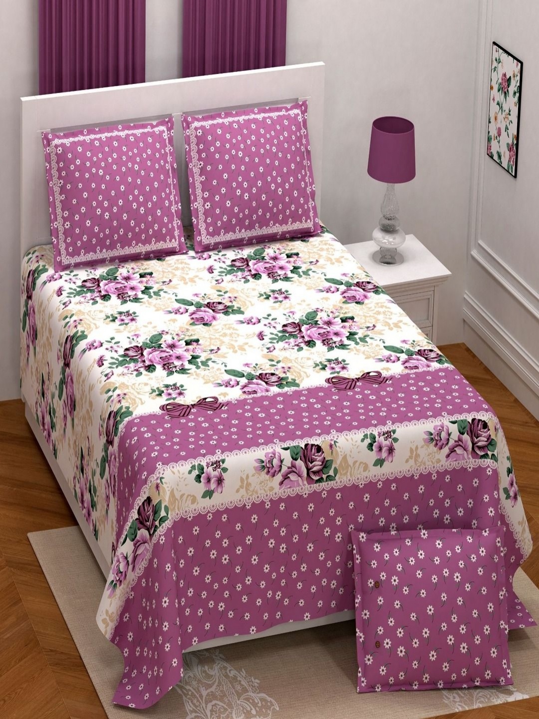 

Myntra Elegant Homes Pink & Green Floral 250 TC King Bedsheet with 2 Pillow Covers