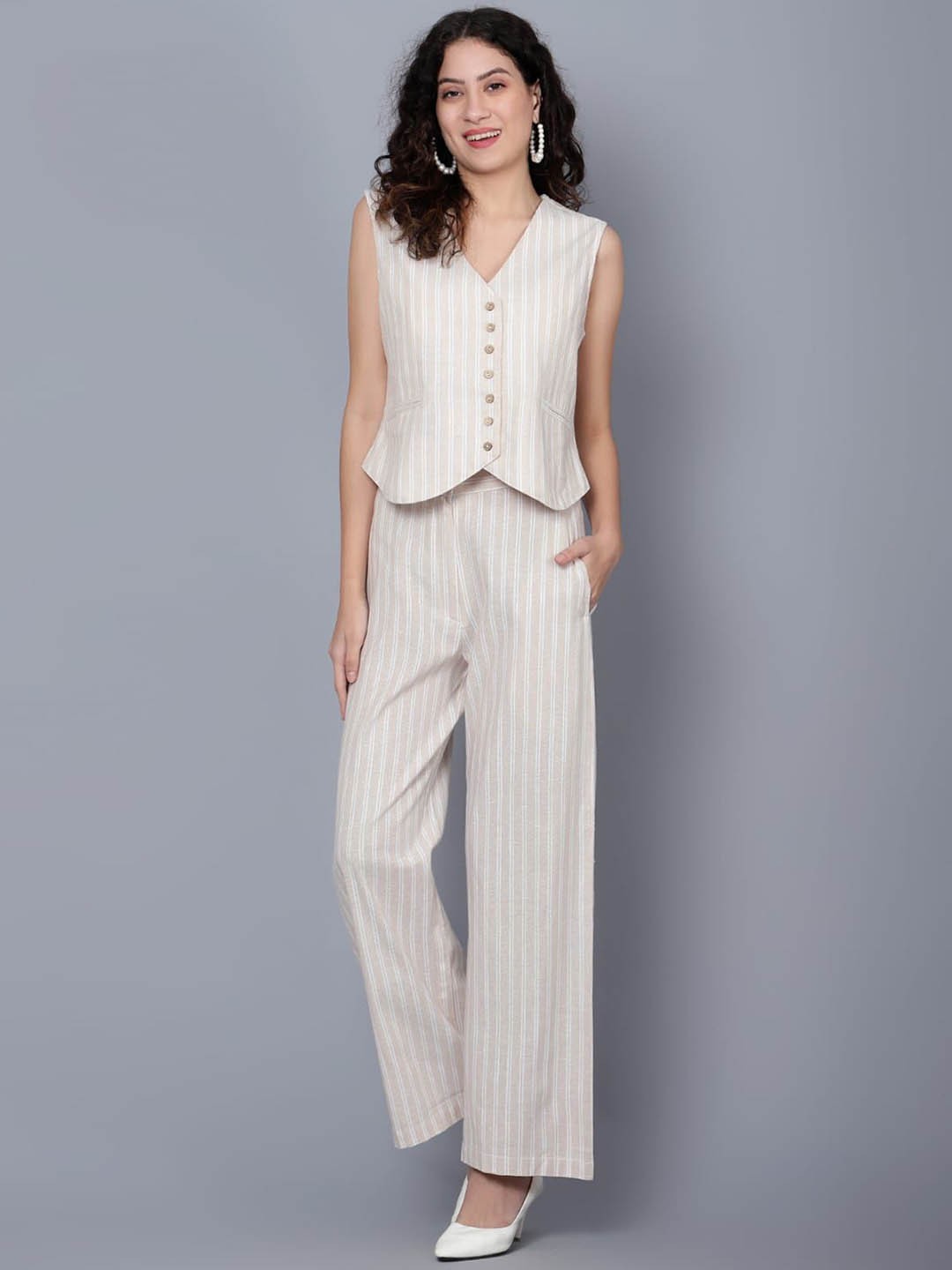 

BEACH & HILL Striped V Pure Cotton Waistcoat With Trousers Co-Ords, White