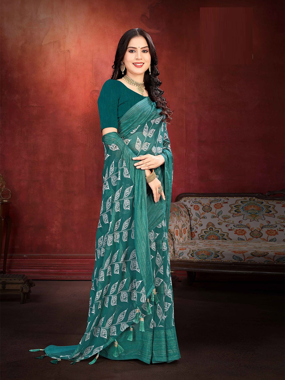 

MAHALASA Floral Pure Georgette Saree, Sea green