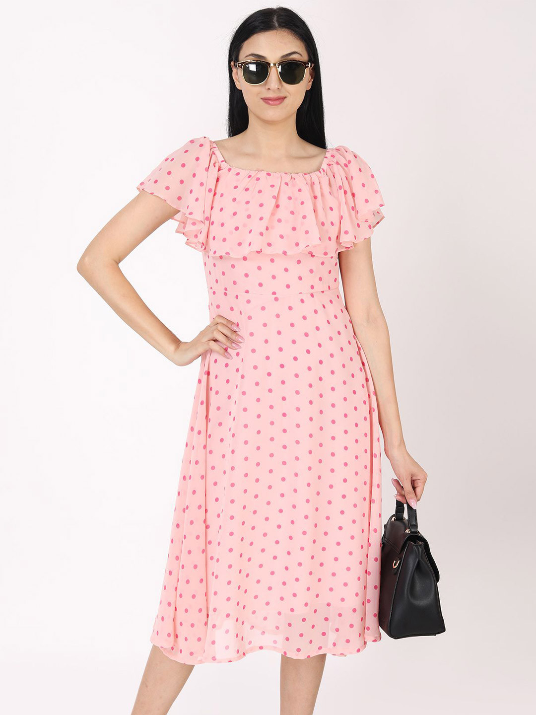 

JAKANARY Polka Dot Print Off-Shoulder Georgette A-Line Dress, Pink