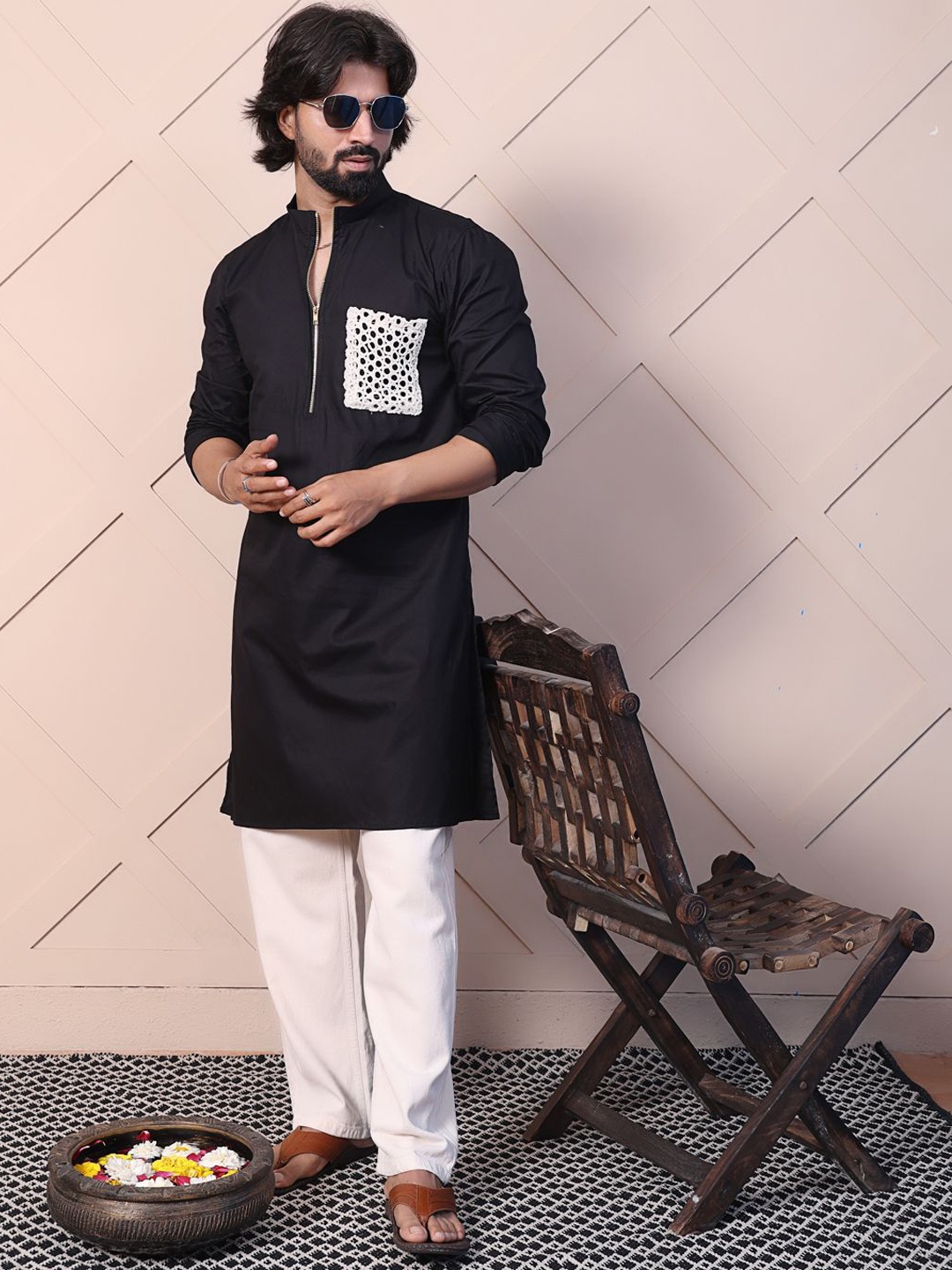 

MIDAV Men Thread Work Summer Sheers Pathani Kurta, Black