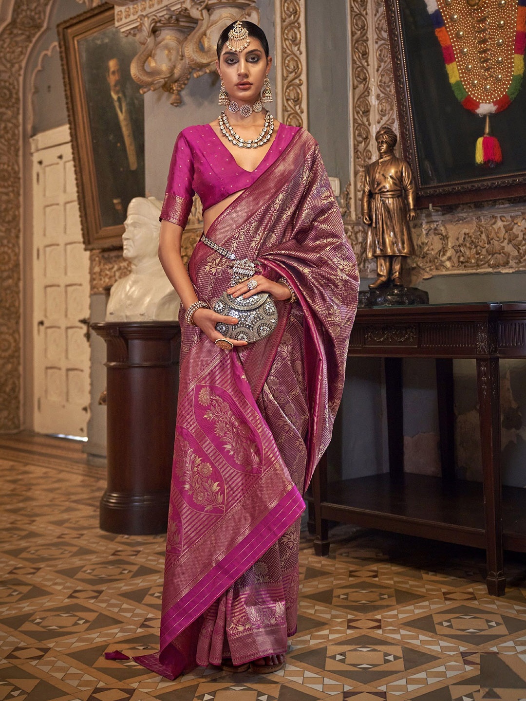 

MAHALASA Ethnic Motifs Pure Silk Kanjeevaram Saree, Purple