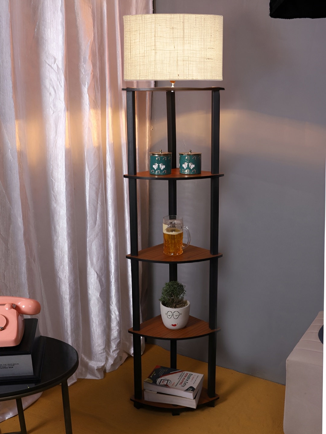 

Devansh White & Brown Jute Wooden Floor Lamp With Shelves