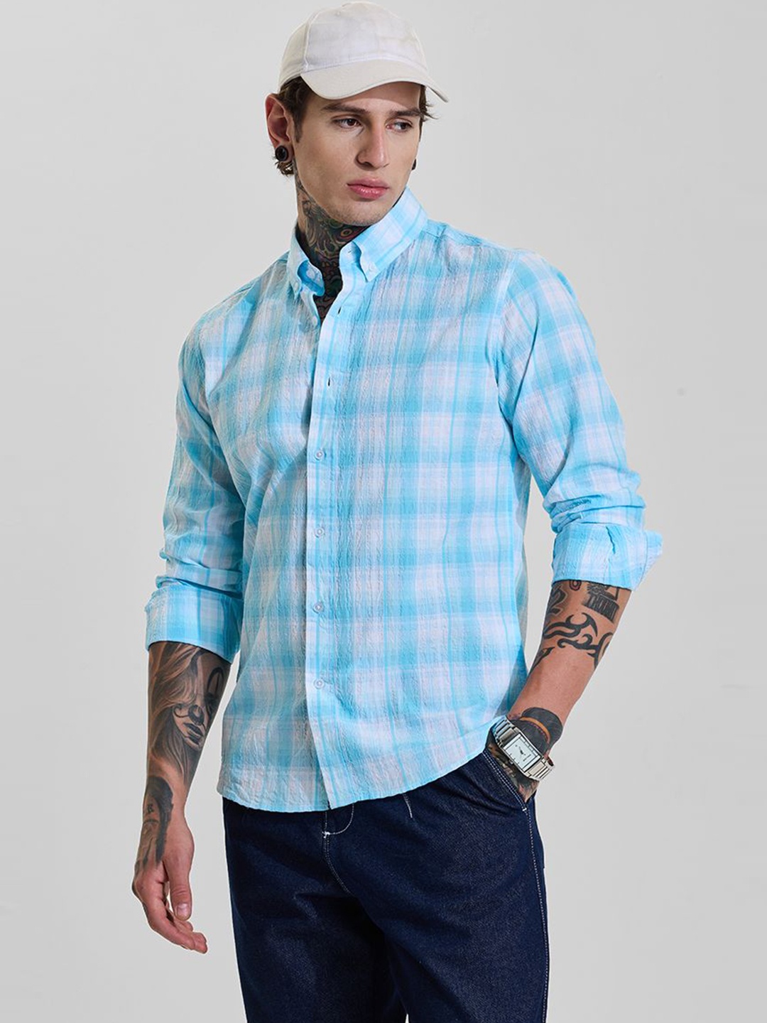 

Snitch Men Slim Fit Opaque Checked Casual Shirt, Blue