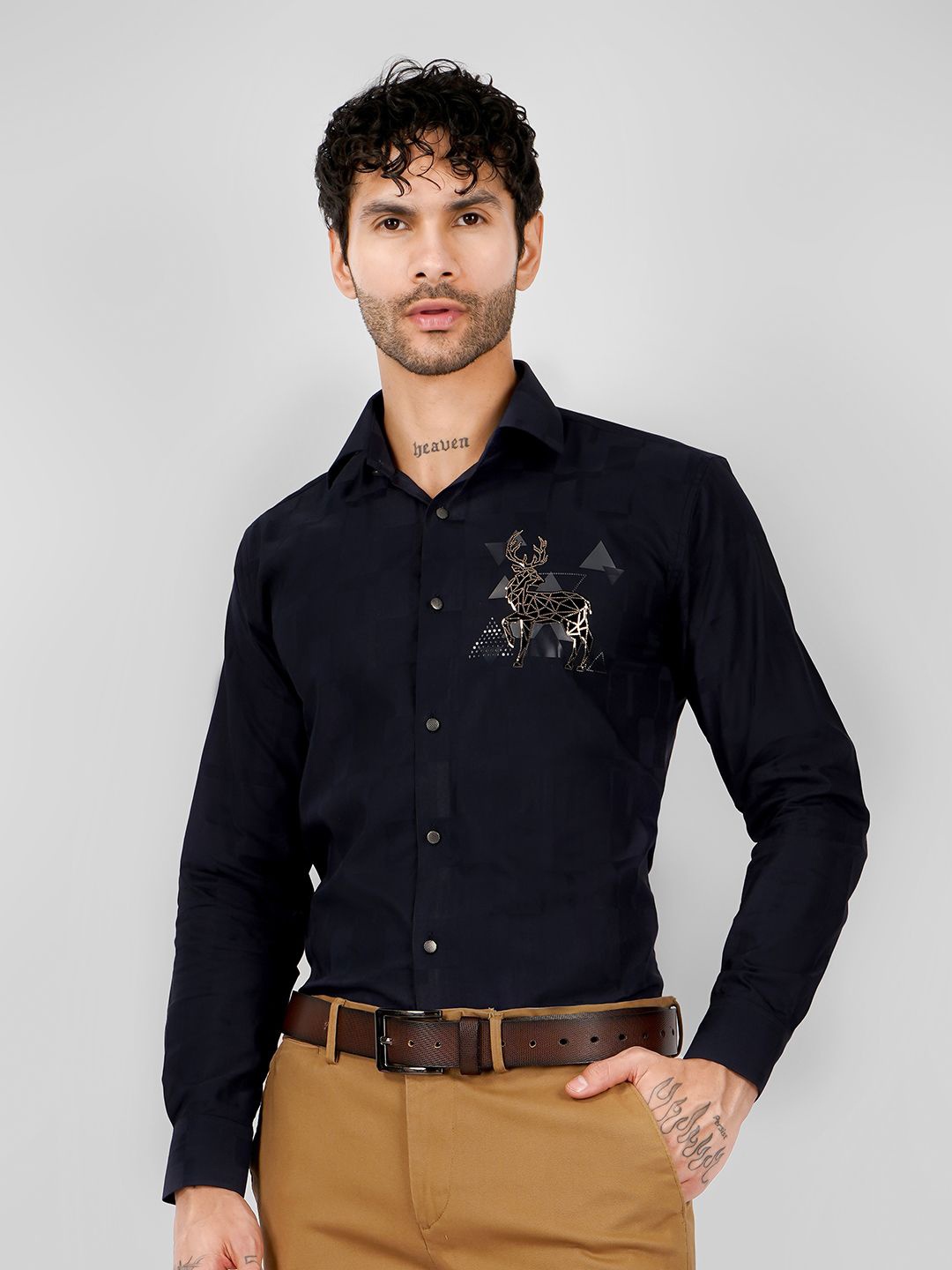 

DESIGN UP Men Standard Slim Fit Opaque Party Shirt, Navy blue