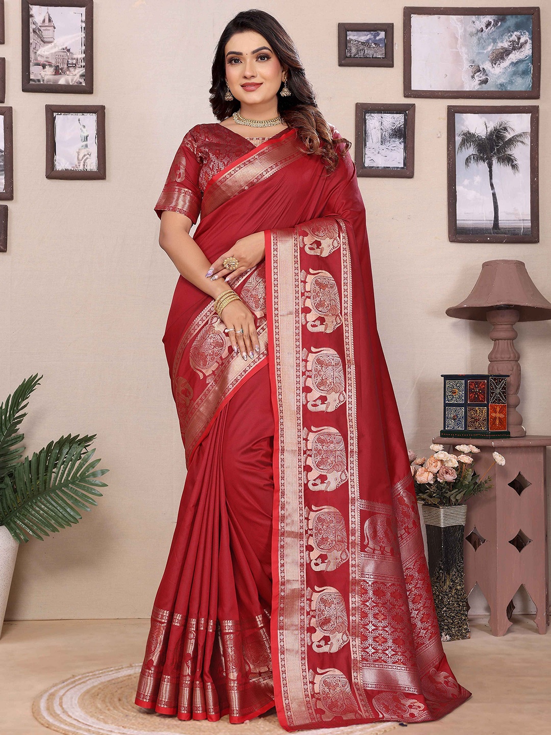 

RAJ DHARMA SILK Zari Pure Silk Saree, Red