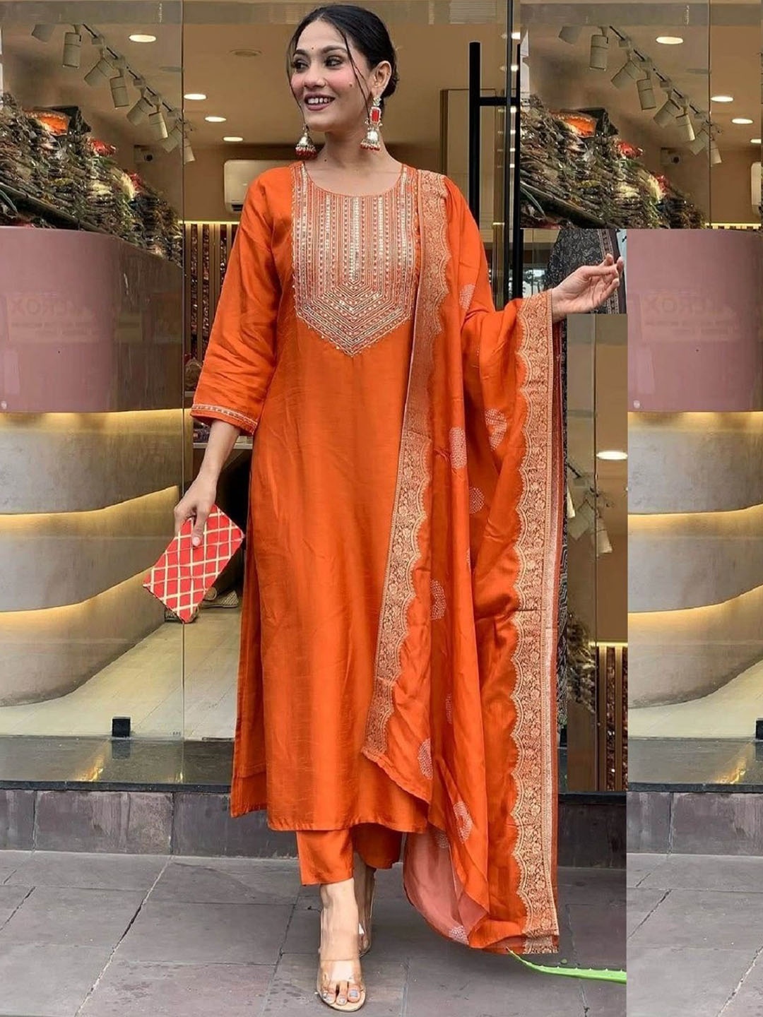 

KALINI Women Ethnic Motifs Embroidered Regular Chikankari Pure Silk Kurta with Trousers & With Dupatta, Orange