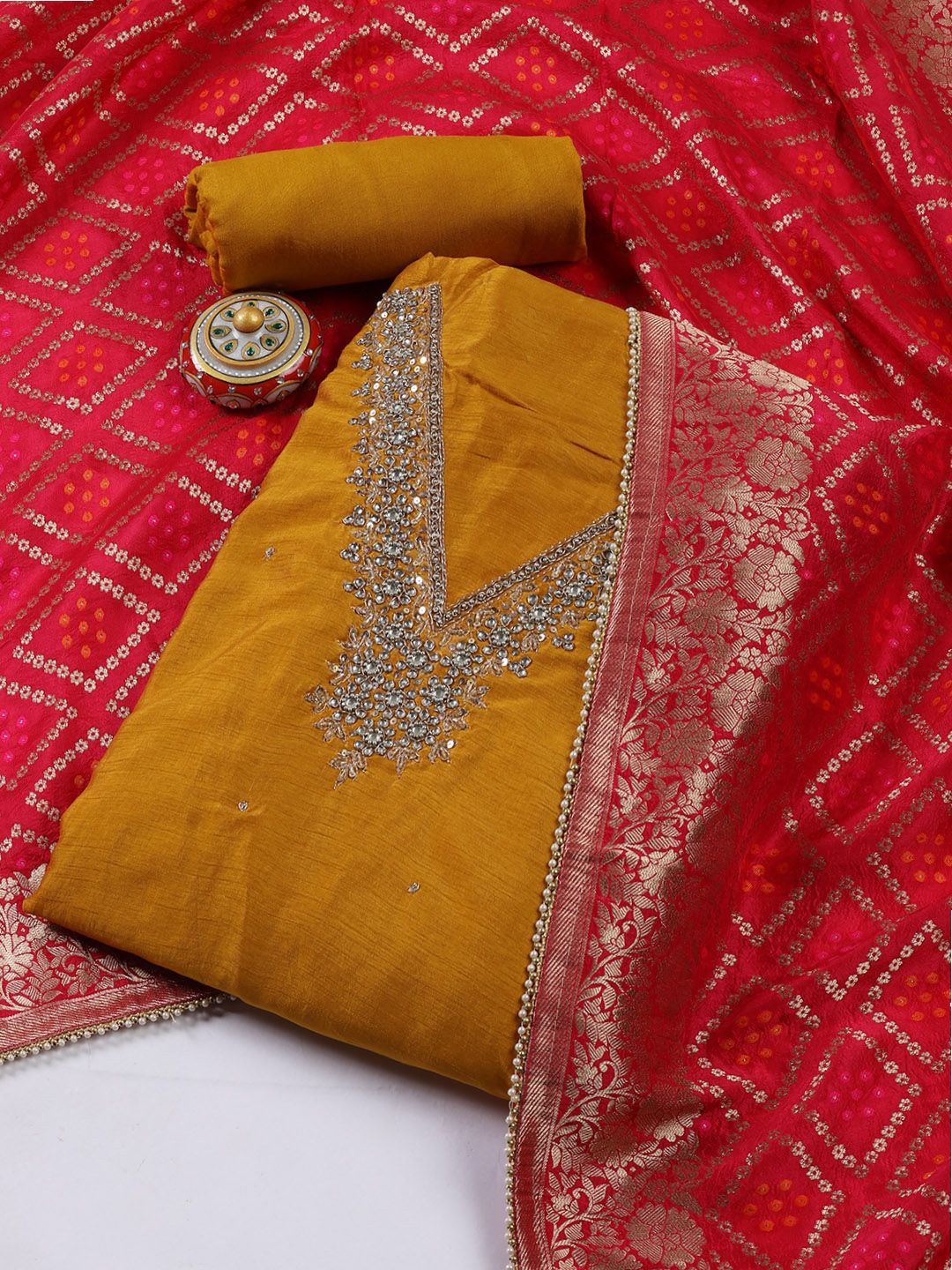 

Meena Bazaar Embroidered Art Silk Unstitched Dress Material, Mustard