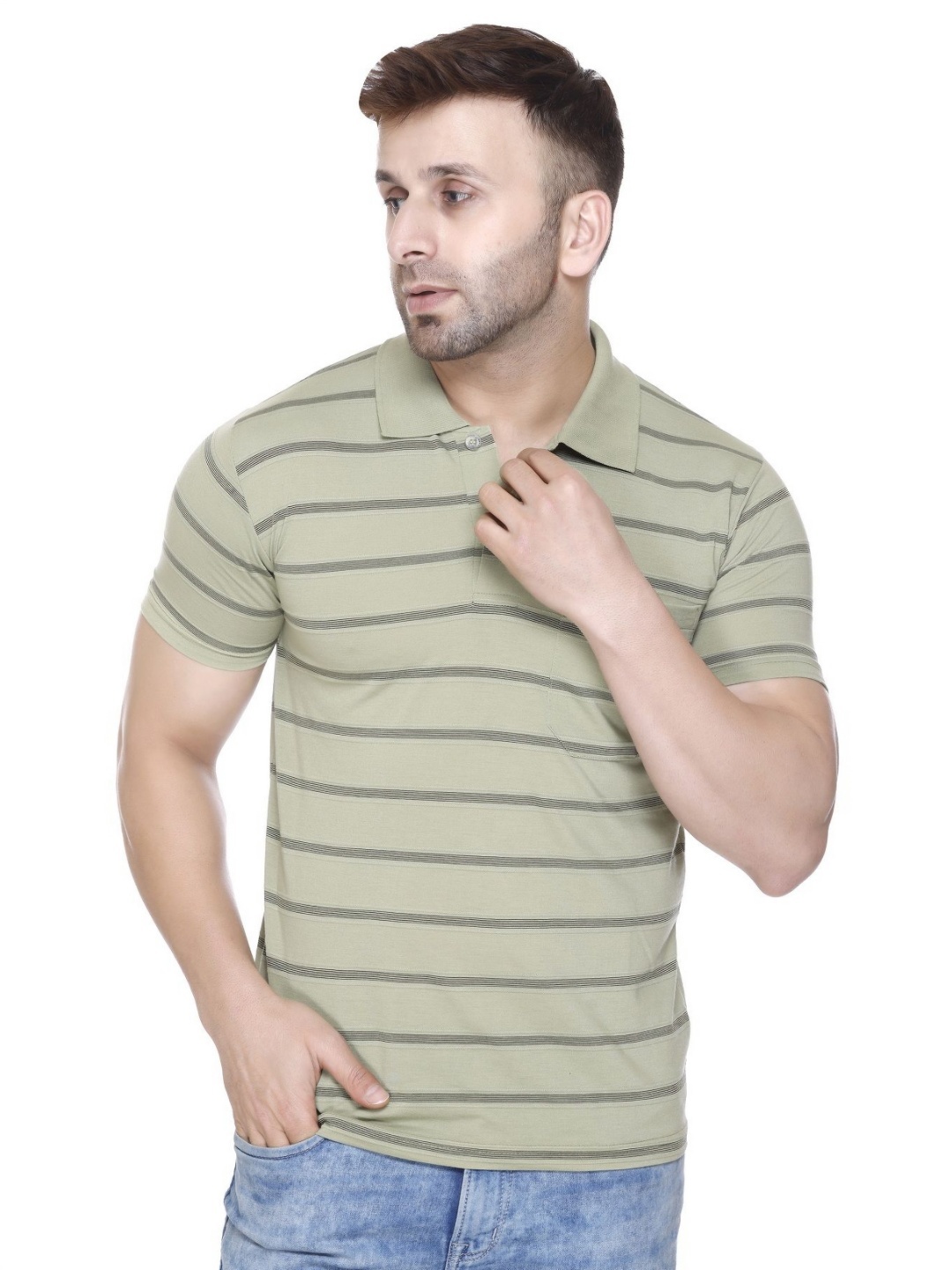 

Yoorix Men Striped Polo Collar T-shirt, Green
