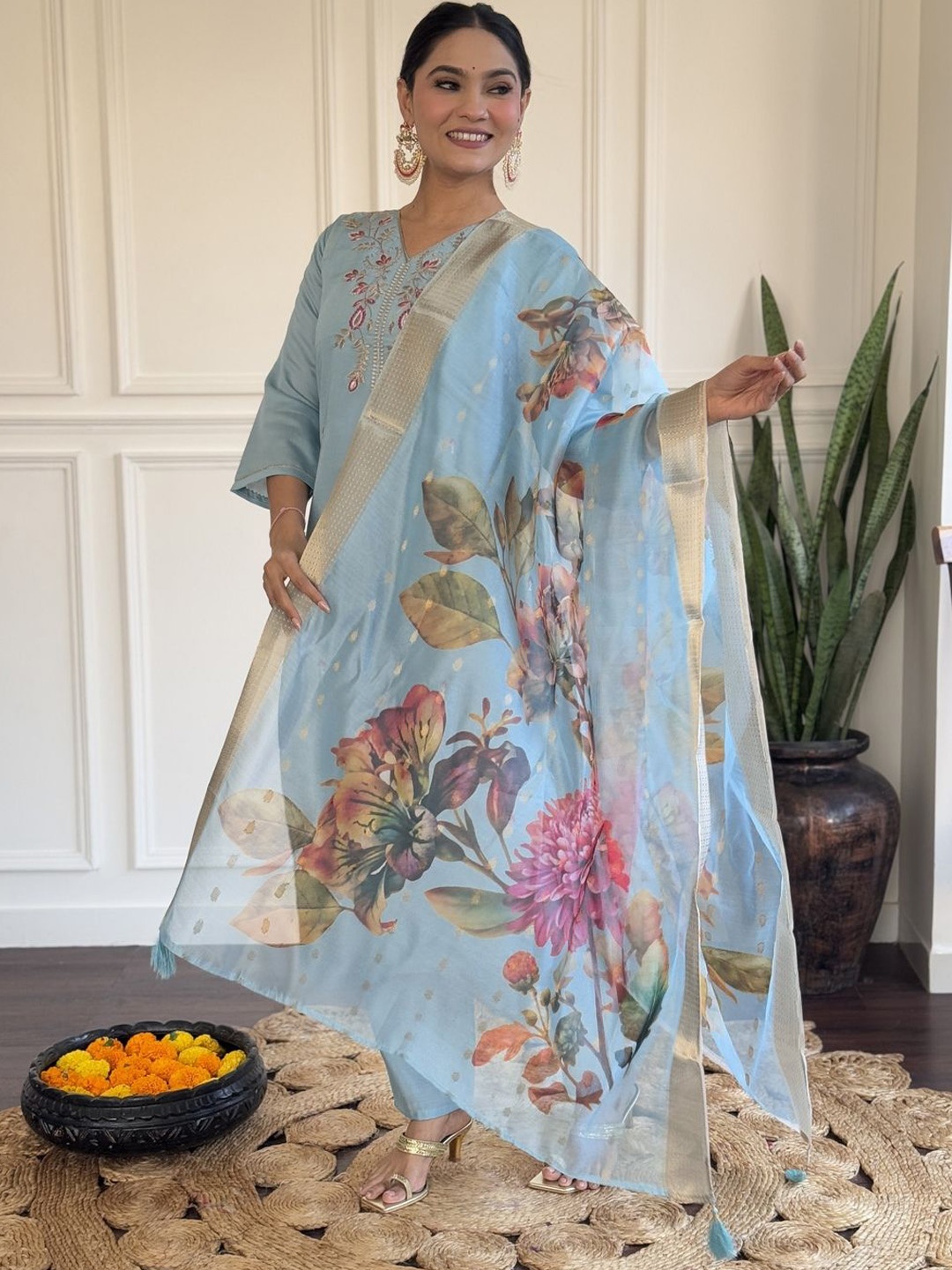 

SHIJILA Women Floral Embroidered Regular Sequinned Kurta with Trousers & With Dupatta, Turquoise blue