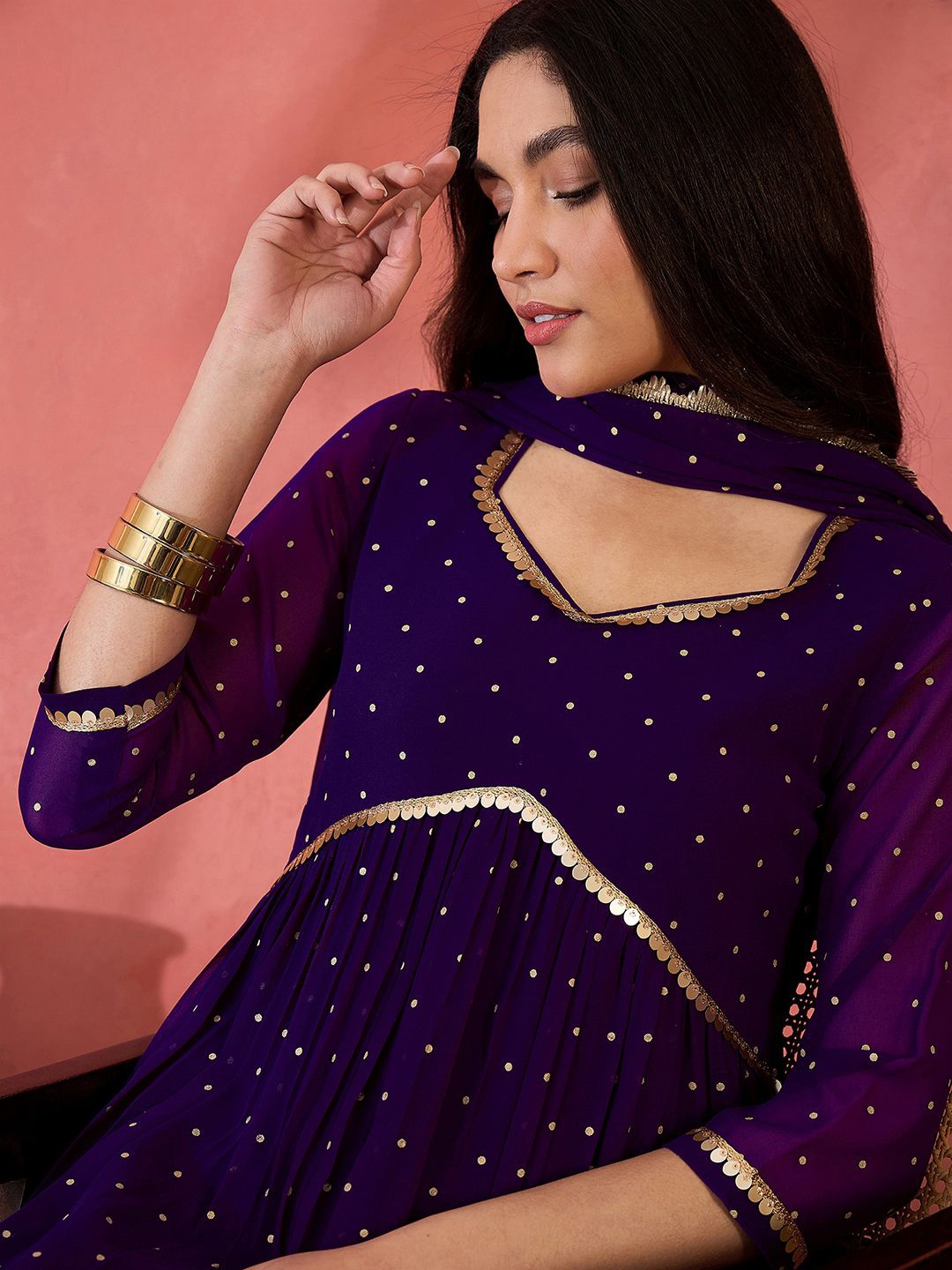 

Sangria Sequence Lace With Foil Printed Kurta With Trousers & Dupatta, Purple